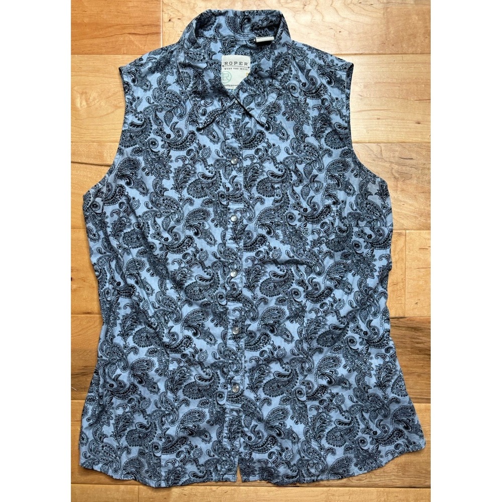 Roper Western Pearl Snap Sleeveless Top Women M Blue Paisley Cowgirl